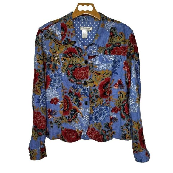 Coldwater Creek Shirt Jacket Shacket LG Blue Floral Linen Blend Cottagecore - Picture 1 of 11